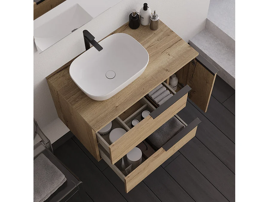 Meuble de salle de bain 80cm avec vasque à poser déportée ronde - roble (chêne clair) - KING