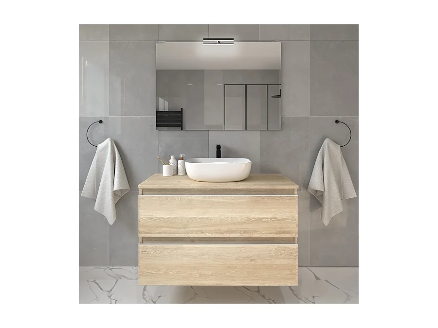 Meuble de salle de bain 2 tiroirs avec vasque à poser arrondie et miroir avec applique BALEA - Bambou (chêne clair) - 80cm