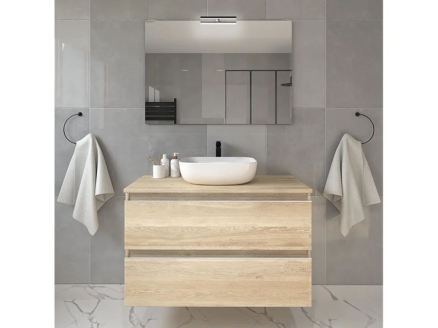 Meuble de salle de bain 2 tiroirs avec vasque à poser arrondie et miroir avec applique BALEA - Bambou (chêne clair) - 80cm