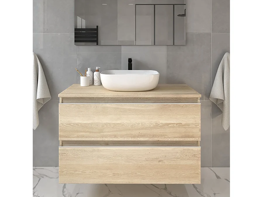 Meuble de salle de bain 2 tiroirs avec vasque à poser arrondie et miroir avec applique BALEA - Bambou (chêne clair) - 80cm