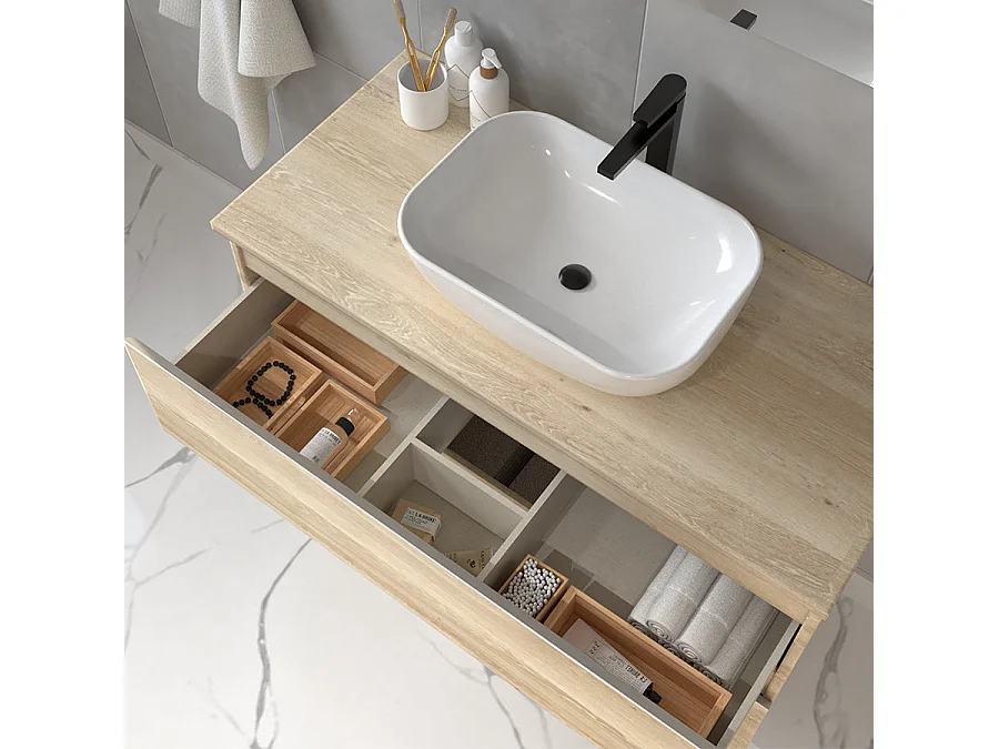 Meuble de salle de bain 2 tiroirs avec vasque à poser arrondie et miroir avec applique BALEA - Bambou (chêne clair) - 80cm