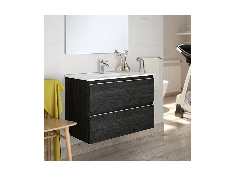 Meuble de salle de bain 70cm simple vasque - 2 tiroirs - sans miroir - BALEA - ebony (bois noir)