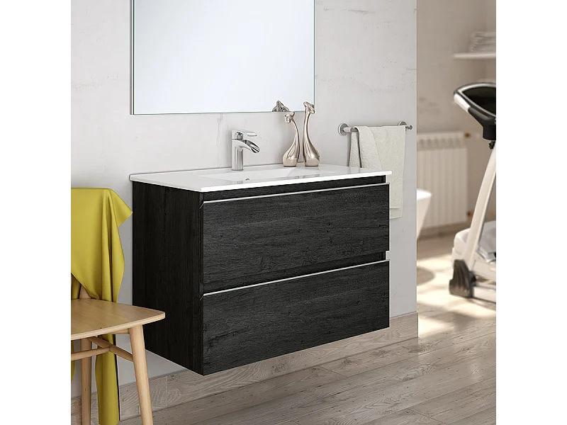 Meuble de salle de bain 70cm simple vasque - 2 tiroirs - sans miroir - BALEA - ebony (bois noir)