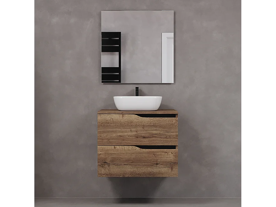 Meuble de salle de bain 80cm avec plateau et vasque à poser zeus - 2 tiroirs - tabaco (chêne foncé) - LUNA