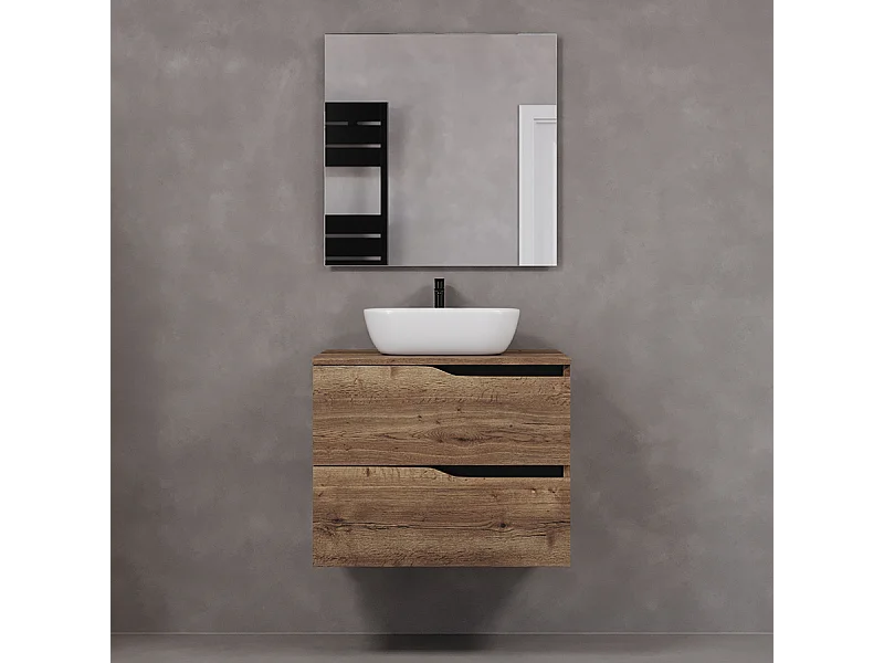 Meuble de salle de bain 80cm avec plateau et vasque à poser zeus - 2 tiroirs - tabaco (chêne foncé) - LUNA