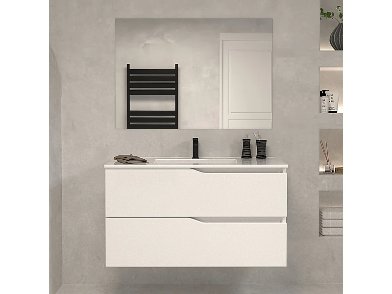 Meuble de salle de bain 100cm simple vasque - 2 tiroirs - blanc - LUNA