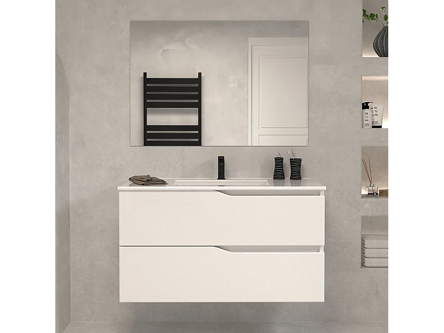 Meuble de salle de bain 100cm simple vasque - 2 tiroirs - blanc - LUNA