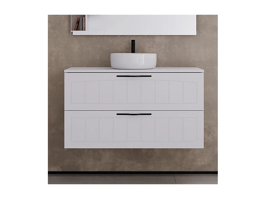 Meuble de salle de bain 90cm avec plateau et vasque à poser ronde - 2 tiroirs - blanc - PIA