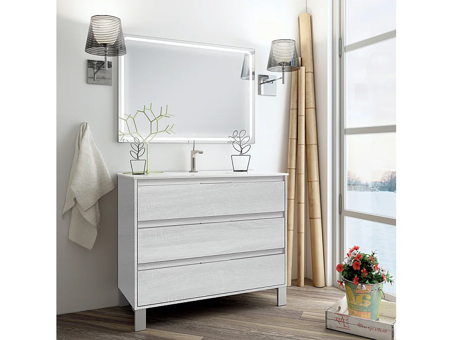 Meuble de salle de bain simple vasque - 3 tiroirs - TIRIS 3C et miroir Led STAM - hibernian (bois blanchi) - 80cm