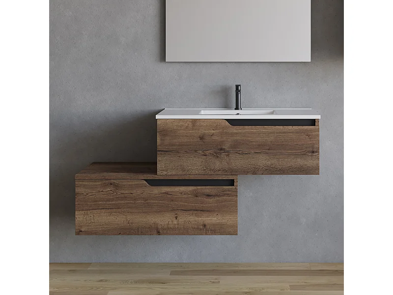 Meuble de salle de bain 120cm avec plan simple vasque - sans miroir - 2 tiroirs - tabaco (bois foncé) - CADIX