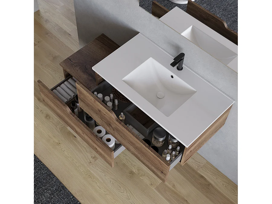 Meuble de salle de bain 120cm avec plan simple vasque - sans miroir - 2 tiroirs - tabaco (bois foncé) - CADIX