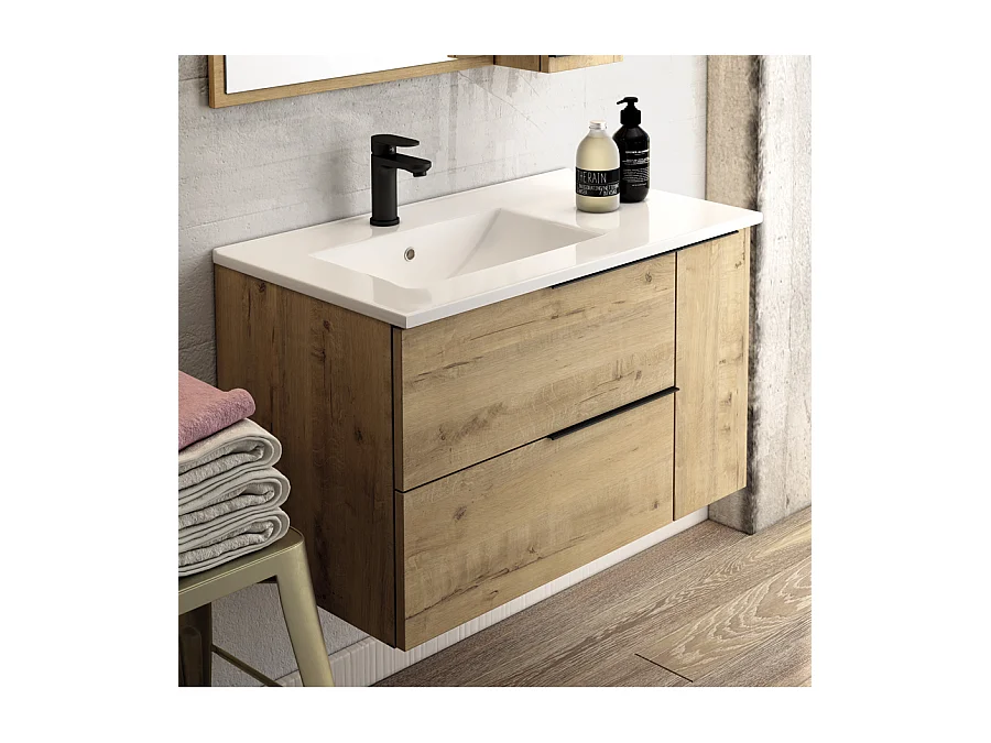 Meuble de salle de bain 80cm vasque déportée - 2 tiroirs - sans miroir - KING - Roble (chêne clair)