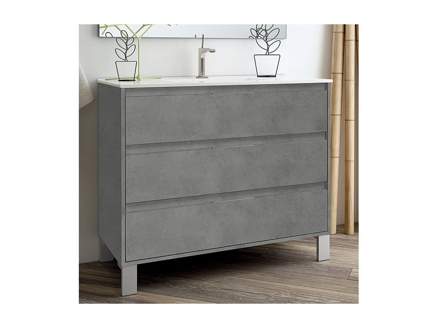 Meuble de salle de bain 100cm simple vasque - 3 tiroirs - TIRIS 3C - ciment (gris)