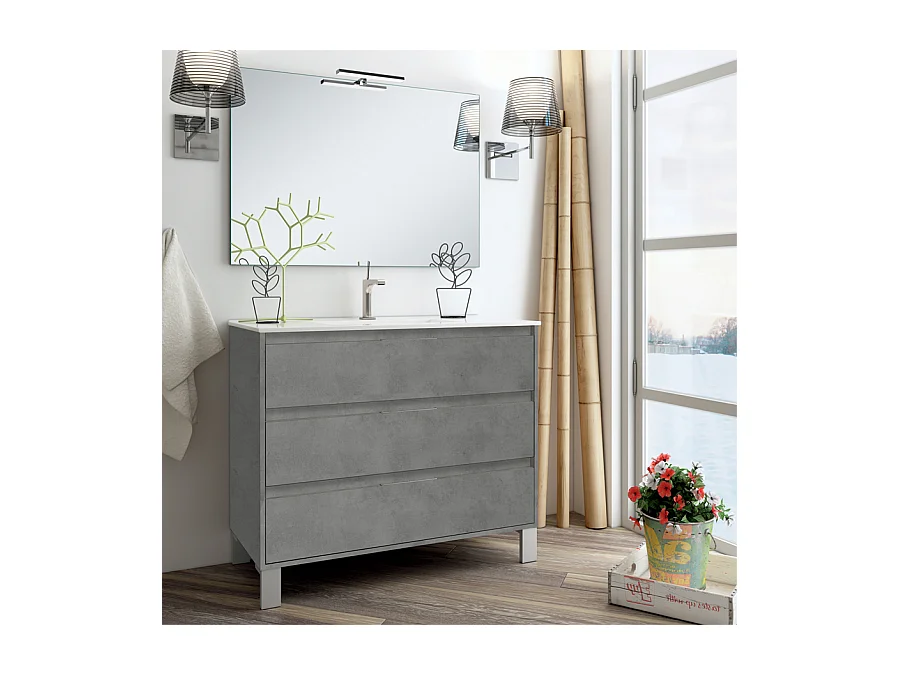 Meuble de salle de bain 100cm simple vasque - 3 tiroirs - TIRIS 3C - ciment (gris)