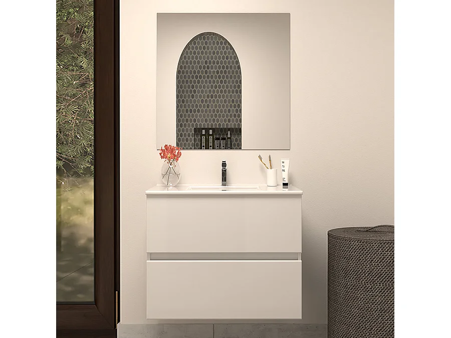 Meuble de salle de bain 60cm simple vasque - 2 tiroirs - blanc - IDA