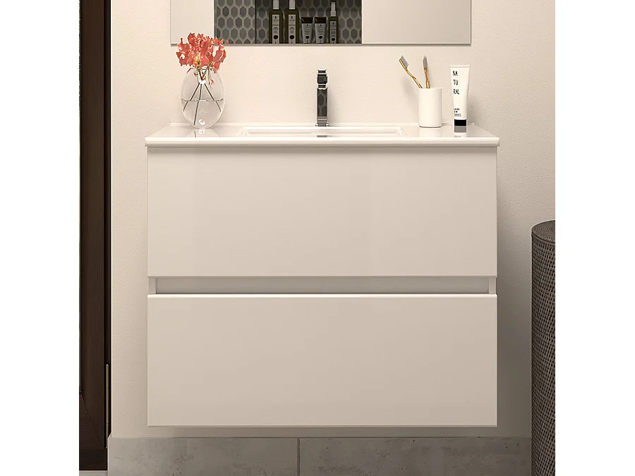 Meuble de salle de bain 60cm simple vasque - 2 tiroirs - blanc - IDA