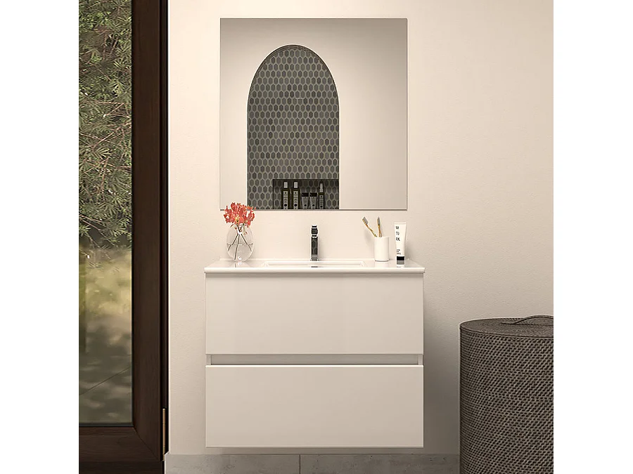 Meuble de salle de bain 60cm simple vasque - 2 tiroirs - blanc - IDA