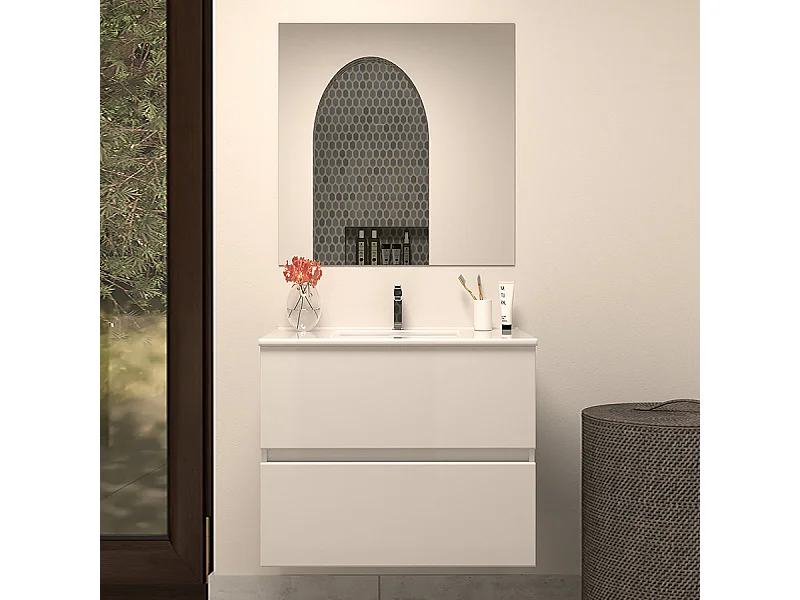 Meuble de salle de bain 60cm simple vasque - 2 tiroirs - blanc - IDA