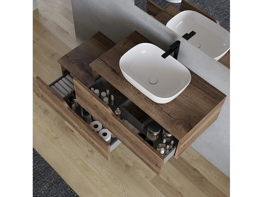 Meuble de salle de bain 120cm avec vasque à poser arrondie - sans miroir - 2 tiroirs - tabaco (bois foncé) - CADIX