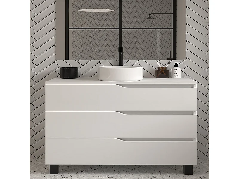 Meuble de salle de bain 120 avec plateau et vasque à poser - sans miroir - 3 tiroirs - blanc - MATA