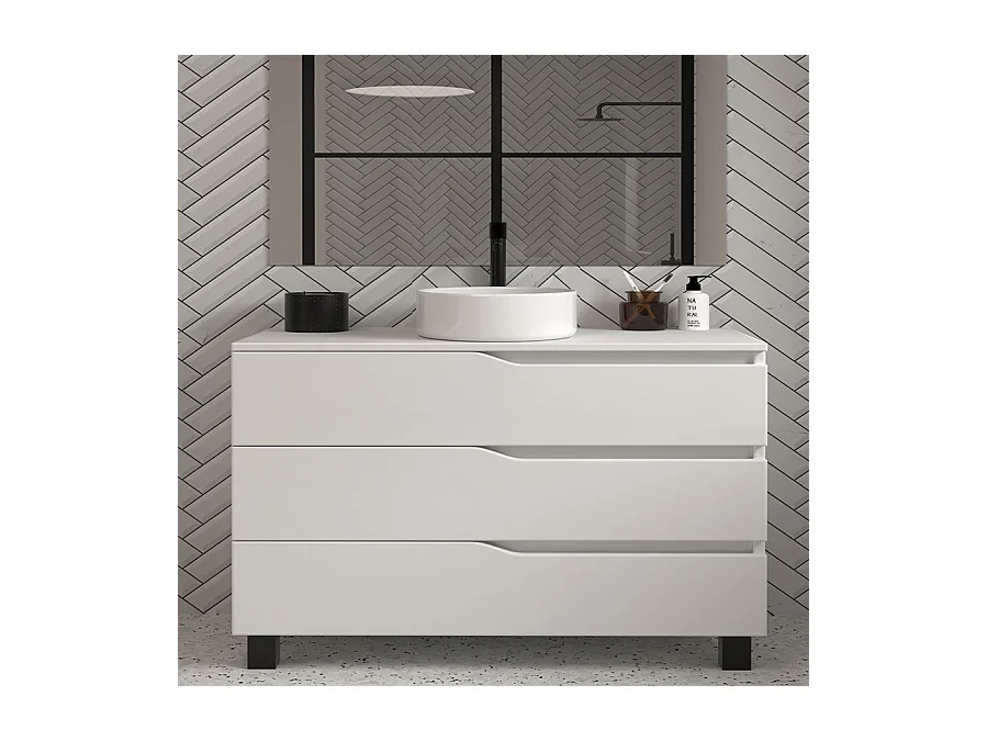 Meuble de salle de bain 120 avec plateau et vasque à poser - sans miroir - 3 tiroirs - blanc - MATA