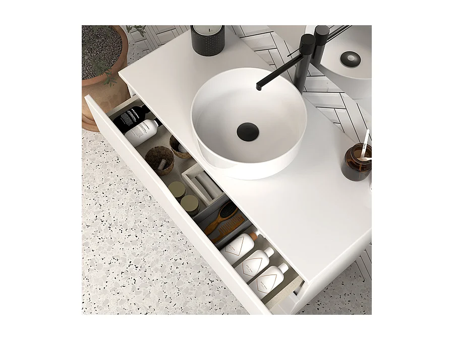 Meuble de salle de bain 120 avec plateau et vasque à poser - sans miroir - 3 tiroirs - blanc - MATA