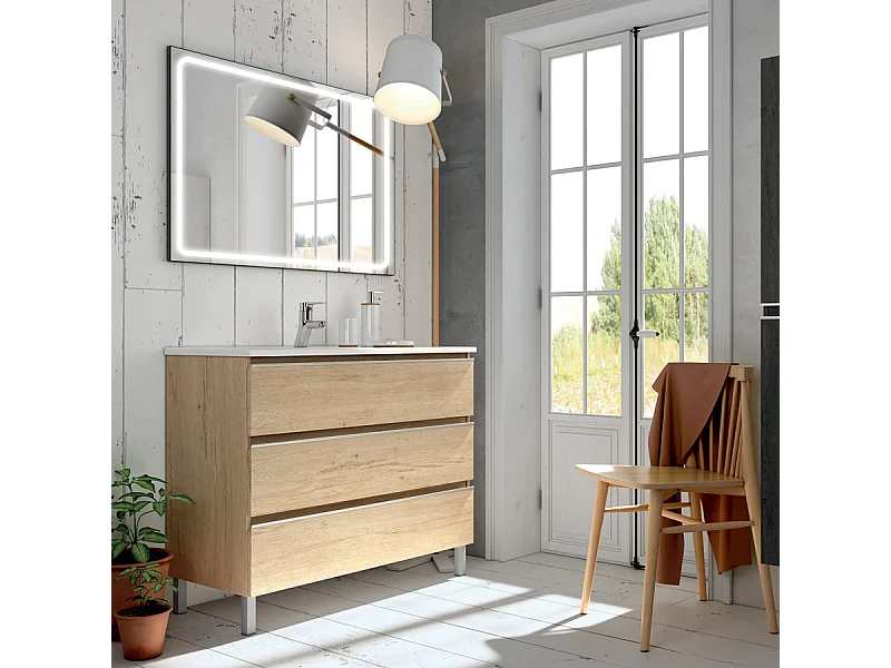 Meuble de salle de bain simple vasque - 3 tiroirs - PALMA et miroir Led VELDI - bambou (chêne clair) - 60cm