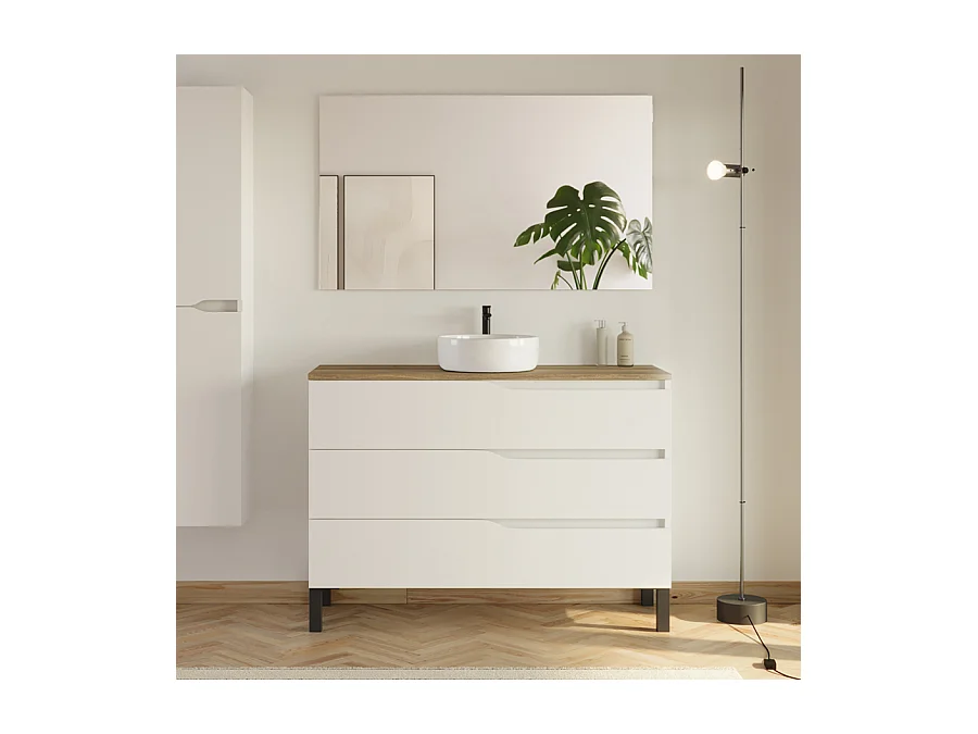 Meuble de salle de bain 120 avec plateau miel et vasque à poser - 3 tiroirs - blanc - MATA