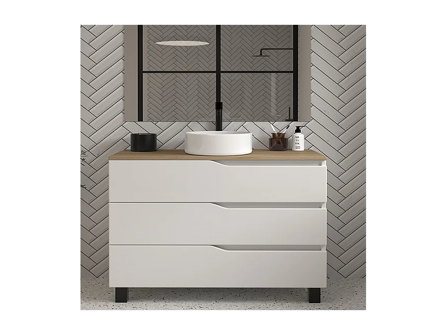 Meuble de salle de bain 120 avec plateau miel et vasque à poser - 3 tiroirs - blanc - MATA