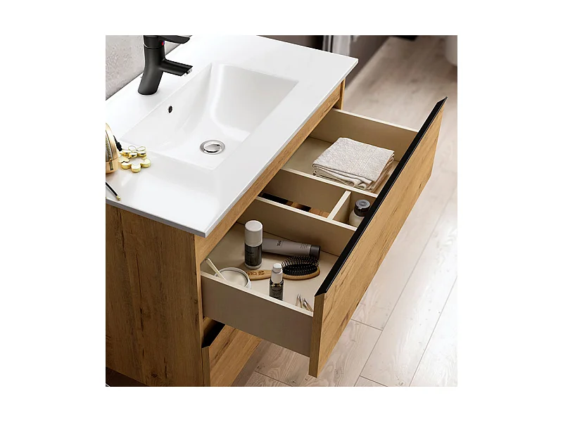 Meuble de salle de bain simple vasque - 2 tiroirs - TOURA et miroir rond Led SOLEN - roble (chêne clair) - 80cm