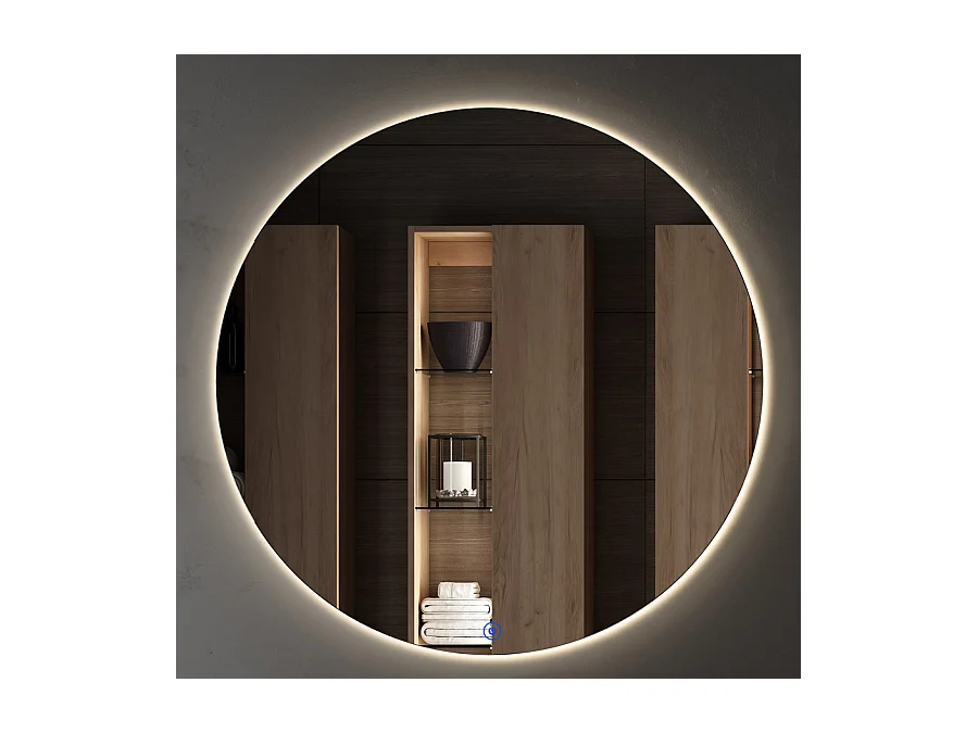 Meuble de salle de bain simple vasque - 2 tiroirs - TOURA et miroir rond Led SOLEN - roble (chêne clair) - 80cm