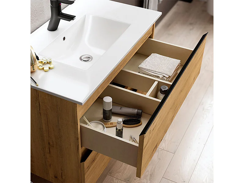 Meuble de salle de bain simple vasque - 2 tiroirs - TOURA et miroir rond Led SOLEN - roble (chêne clair) - 80cm