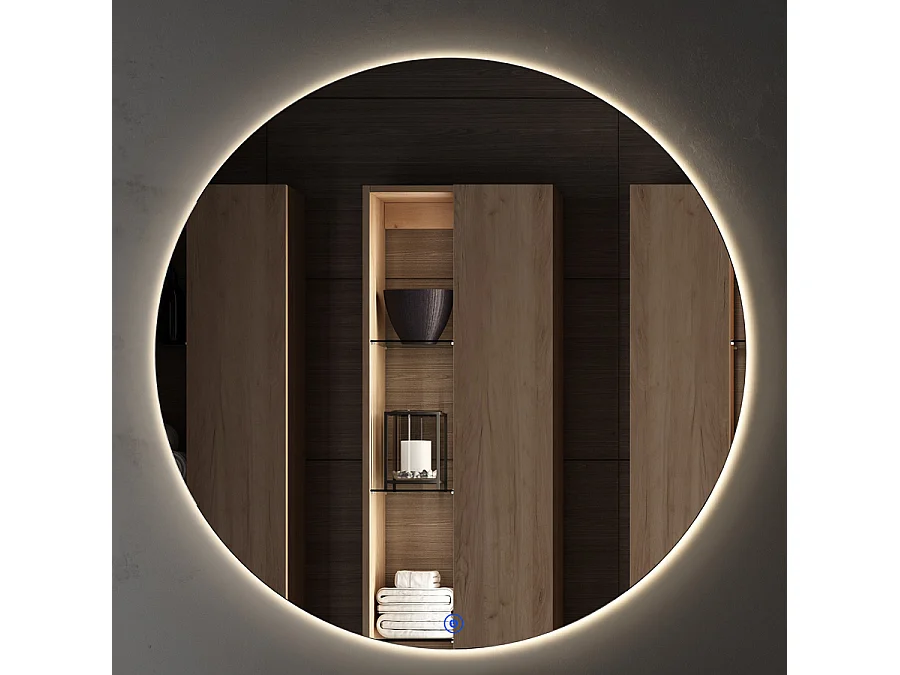 Meuble de salle de bain simple vasque - 2 tiroirs - TOURA et miroir rond Led SOLEN - roble (chêne clair) - 80cm