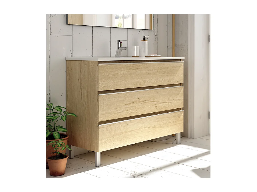 Meuble de salle de bain 70cm simple vasque - 3 tiroirs - sans miroir - PALMA - bambou (chêne clair)