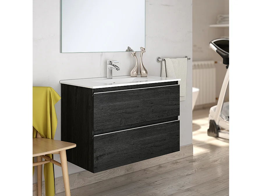 Meuble de salle de bain simple vasque - 2 tiroirs - BALEA et miroir Led STAM - ebony (bois noir) - 60cm