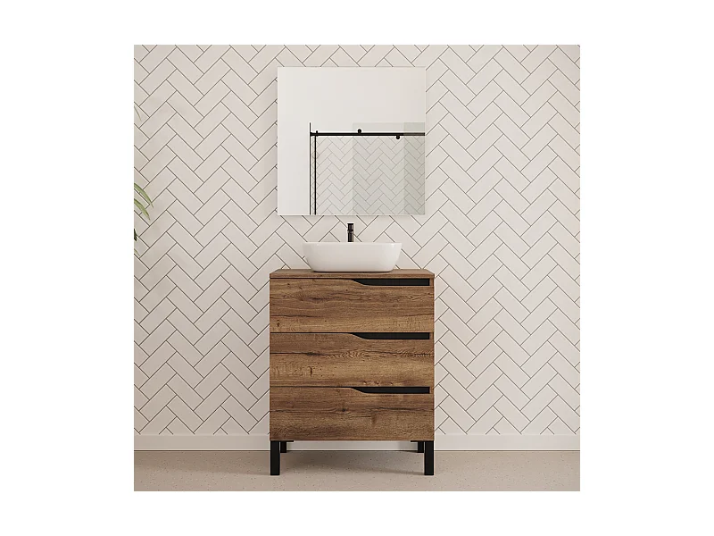 Meuble de salle de bain 60cm avec plateau et vasque à poser zeus - 3 tiroirs - tabaco (chêne foncé) - MATA