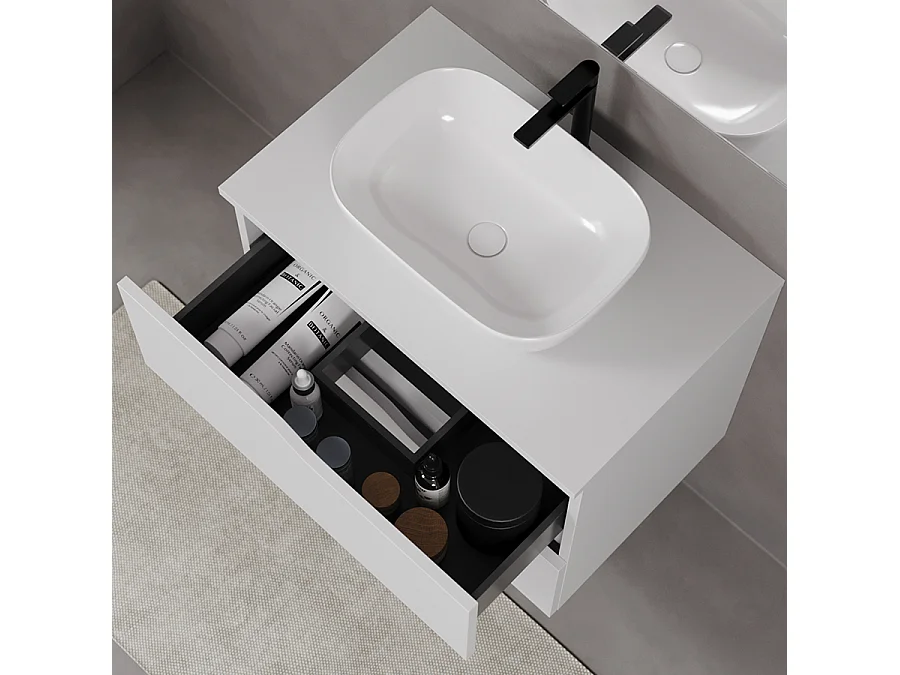 Meuble de salle de bain 60cm avec plateau et vasque à poser zeus - 2 tiroirs - sans miroir - blanc - LUNA