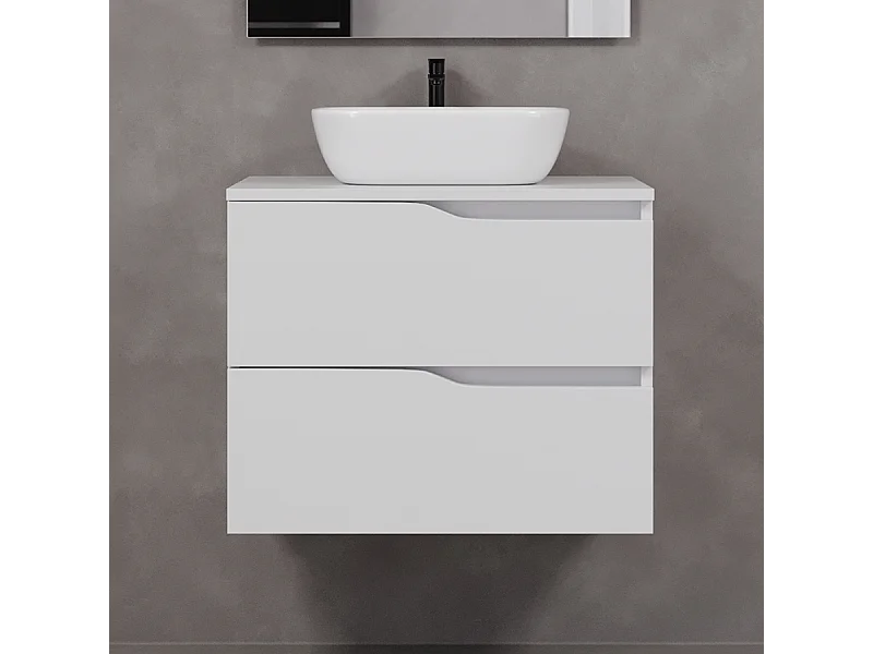 Meuble de salle de bain 60cm avec plateau et vasque à poser zeus - 2 tiroirs - sans miroir - blanc - LUNA