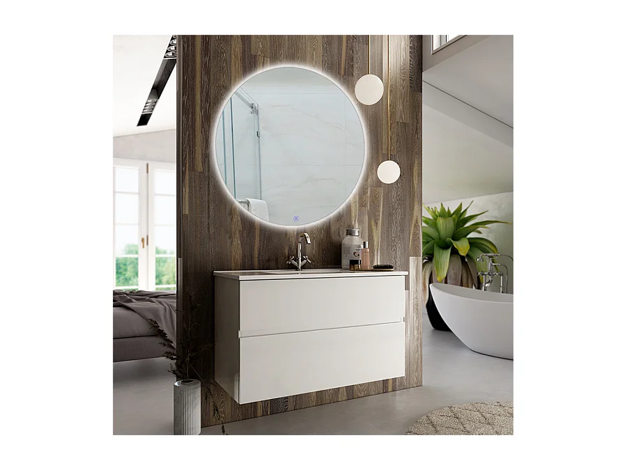 Meuble de salle de bain simple vasque - 2 tiroirs - MIG et miroir rond Led SOLEN - blanc - 60cm