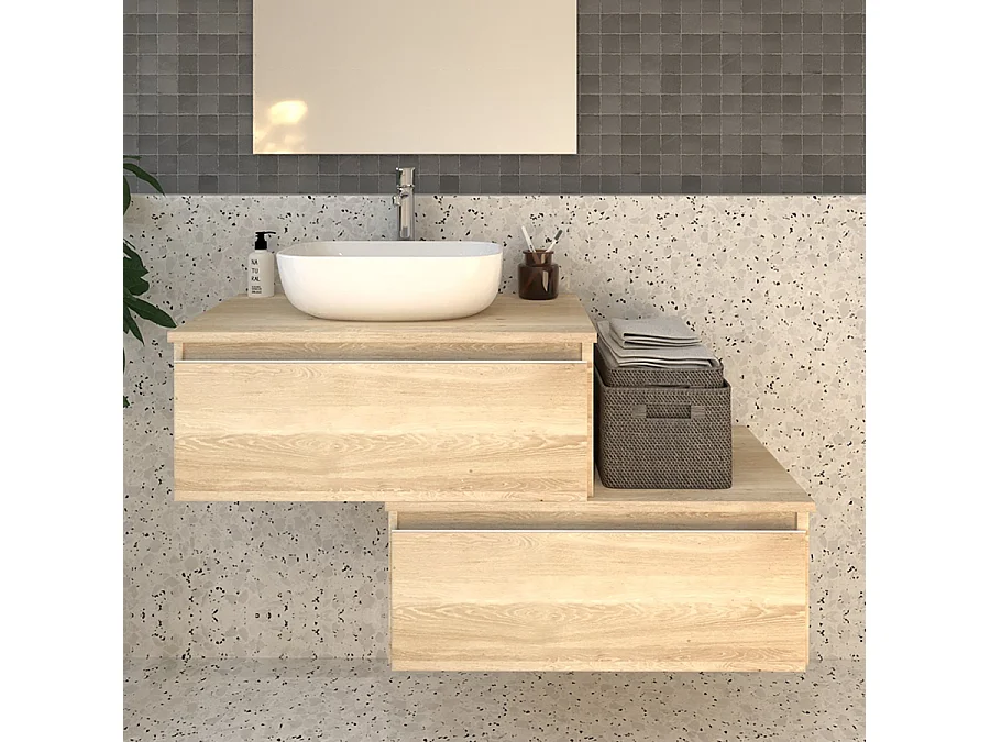 Meuble de salle de bain 2 tiroirs avec vasque à poser arrondie sans miroir PENA - Bambou (chêne clair) - 120cm