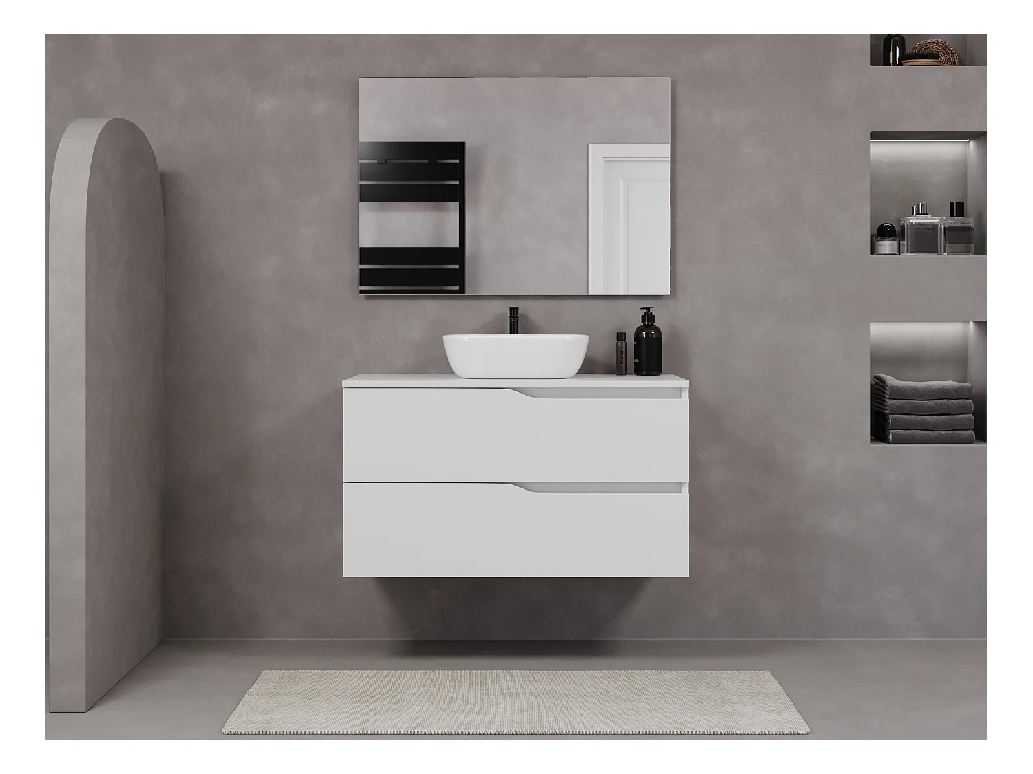 Meuble de salle de bain 100cm avec plateau et vasque à poser zeus - 2 tiroirs - blanc - LUNA