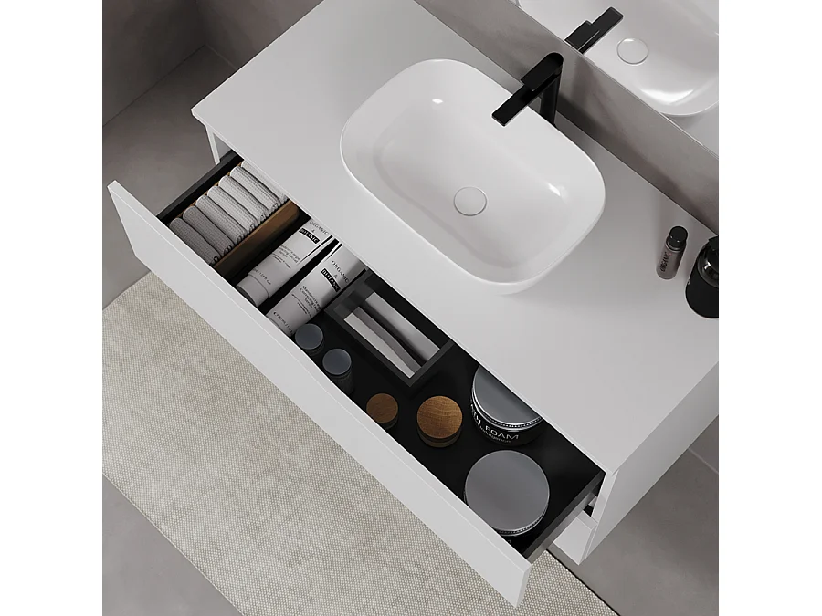 Meuble de salle de bain 100cm avec plateau et vasque à poser zeus - 2 tiroirs - blanc - LUNA