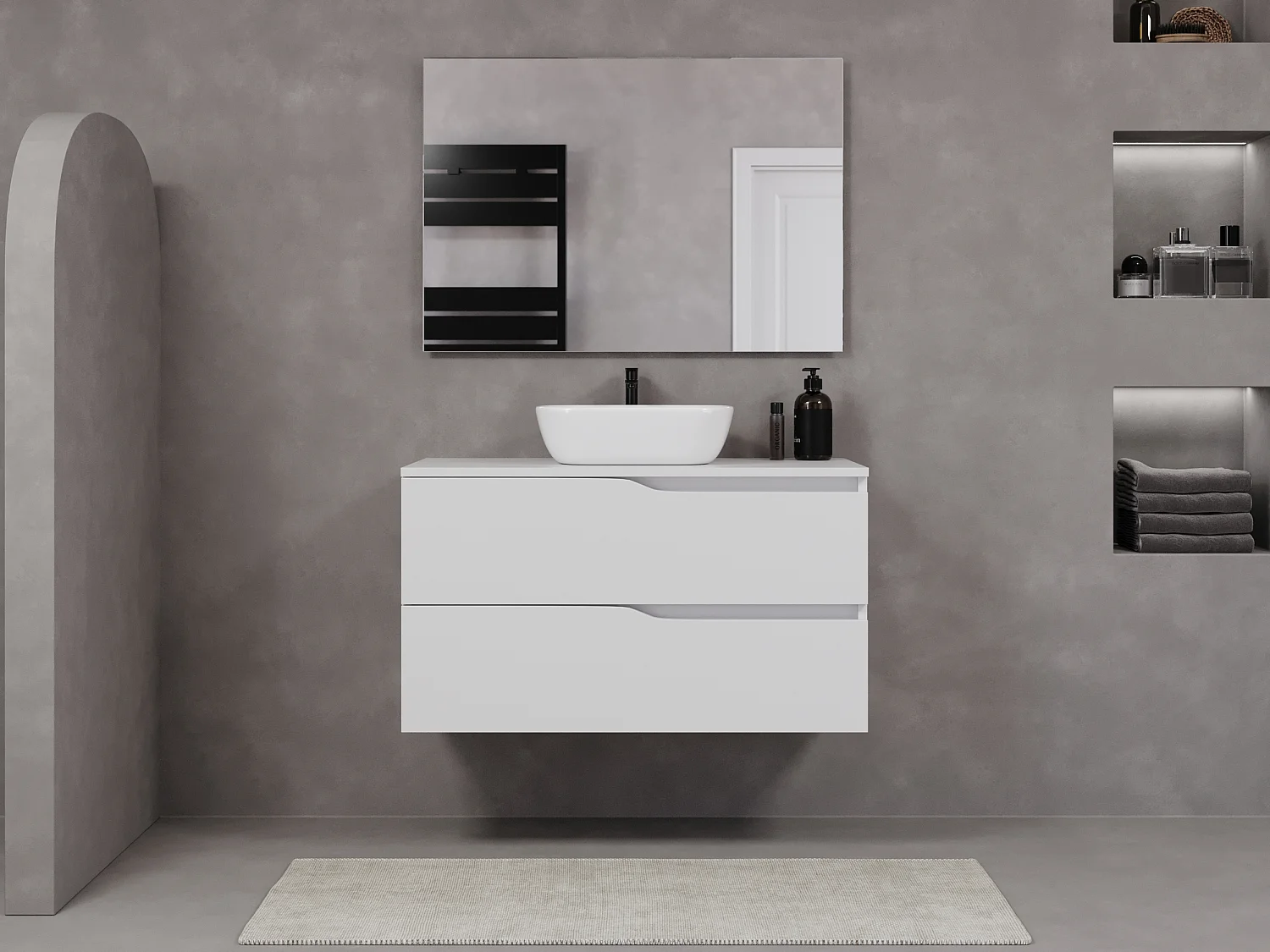 Meuble de salle de bain 100cm avec plateau et vasque à poser zeus - 2 tiroirs - blanc - LUNA