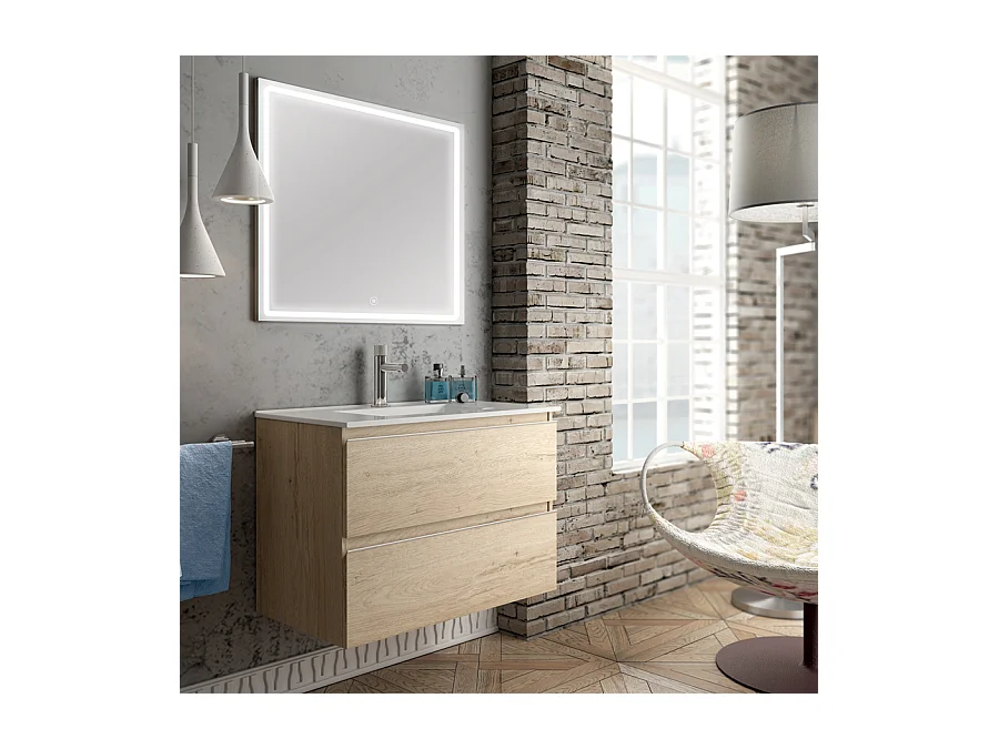 Meuble de salle de bain simple vasque - 2 tiroirs - BALEA et miroir Led VELDI - bambou (chêne clair) - 80cm