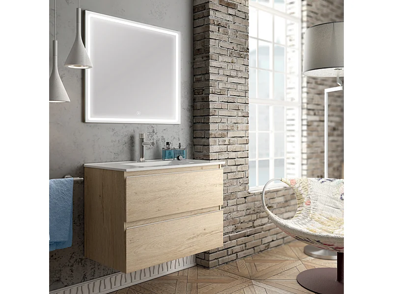 Meuble de salle de bain simple vasque - 2 tiroirs - BALEA et miroir Led VELDI - bambou (chêne clair) - 80cm