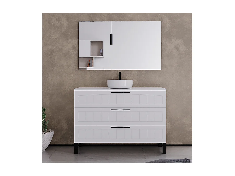 Meuble de salle de bain 120cm avec plateau et vasque à poser ronde - 3 tiroirs - blanc - CALA