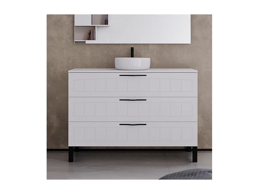 Meuble de salle de bain 120cm avec plateau et vasque à poser ronde - 3 tiroirs - blanc - CALA