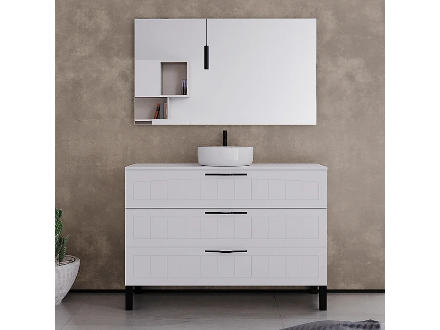 Meuble de salle de bain 120cm avec plateau et vasque à poser ronde - 3 tiroirs - blanc - CALA