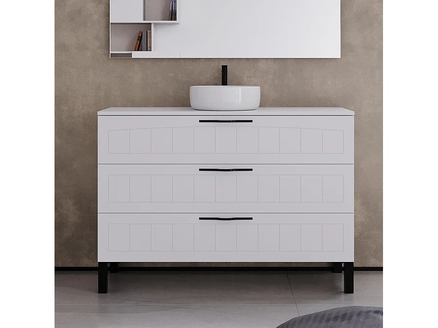 Meuble de salle de bain 120cm avec plateau et vasque à poser ronde - 3 tiroirs - blanc - CALA