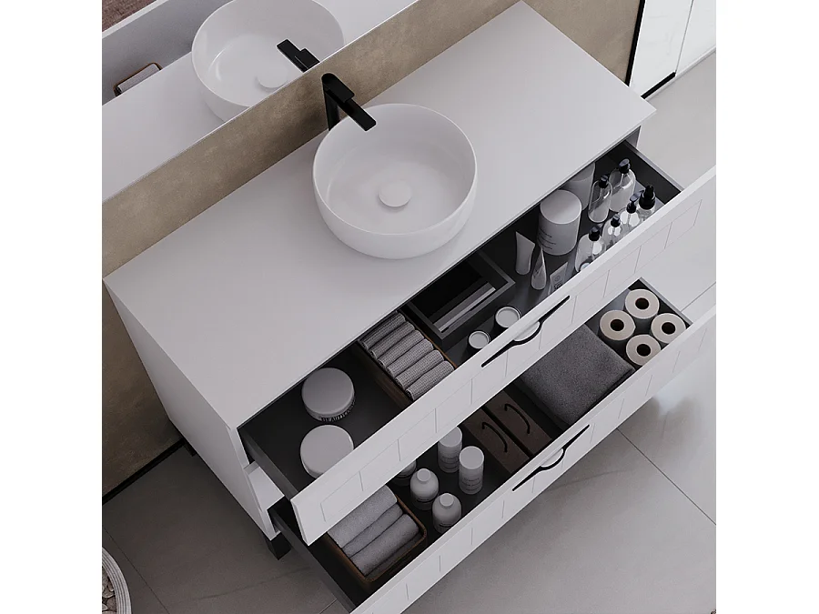 Meuble de salle de bain 120cm avec plateau et vasque à poser ronde - 3 tiroirs - blanc - CALA